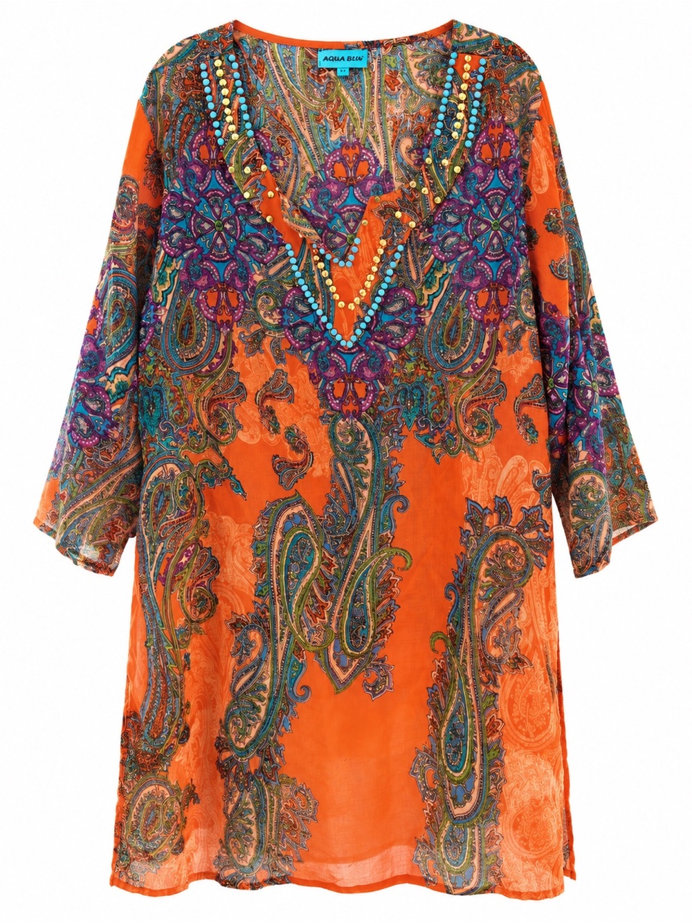 Aqua Blu Orange Paisley Beaded V-Neck Tunic Size 3X